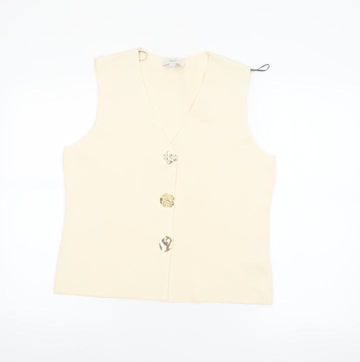 Marks and Spencer Women Beige Sleeveless V-Neck Button Blouse M