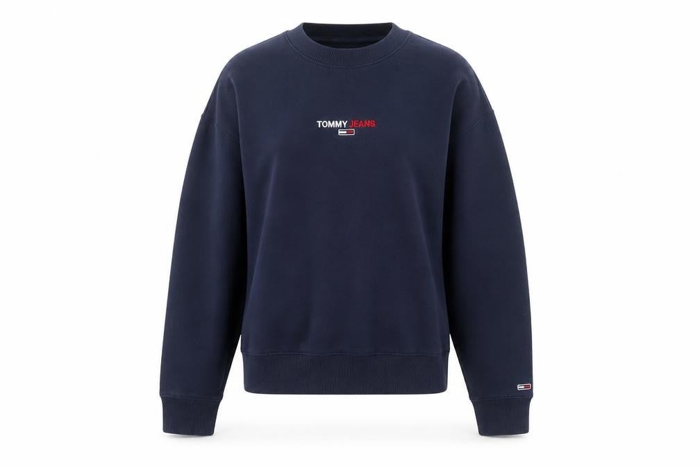Front view of Tommy Jeans Women Navy Blue Crew Neck Pullover Sweatshirt M Cotton Blend