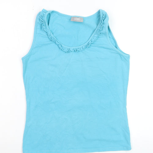 Wallis Women Blue Cotton Blend Ruffle Neck Sleeveless Tank Top Size 14