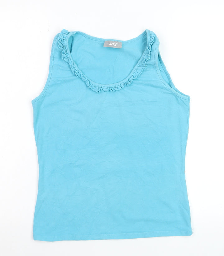 Wallis Women Blue Cotton Blend Ruffle Neck Sleeveless Tank Top Size 14