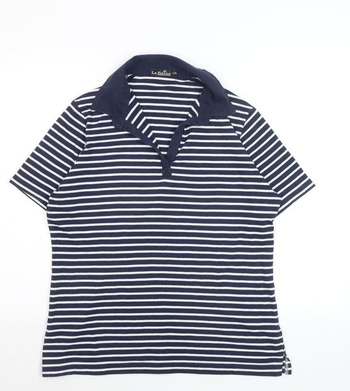 La Reine Women Blue Striped Cotton Polo Shirt 2XL