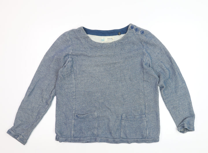 Seasalt Women Blue Cotton Long Sleeve Striped Blouse Size 10