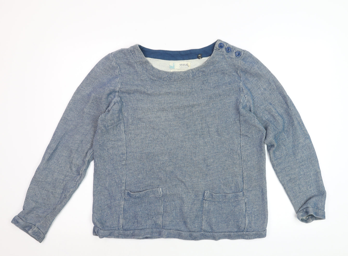 Seasalt Women Blue Cotton Long Sleeve Striped Blouse Size 10
