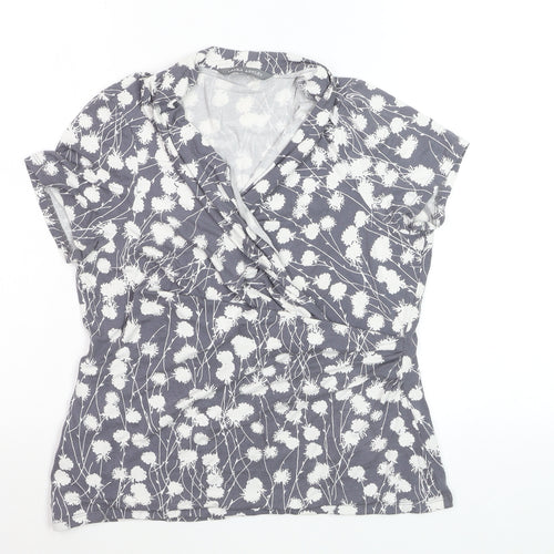 Laura Ashley Women’s Grey Floral Wrap Blouse UK 14 Short Sleeve Cotton