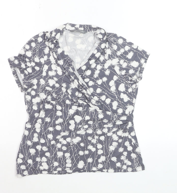 Laura Ashley Women’s Grey Floral Wrap Blouse UK 14 Short Sleeve Cotton