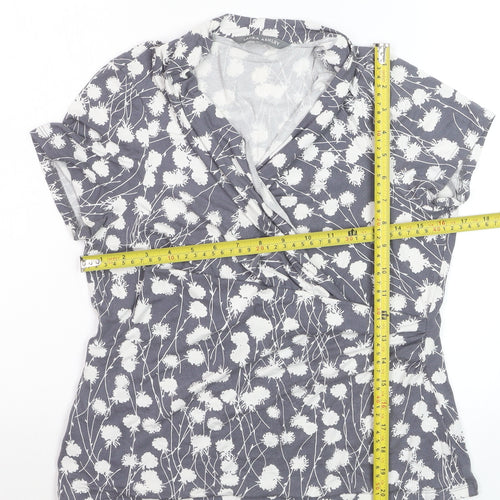 Laura Ashley Women’s Grey Floral Wrap Blouse UK 14 Short Sleeve Cotton