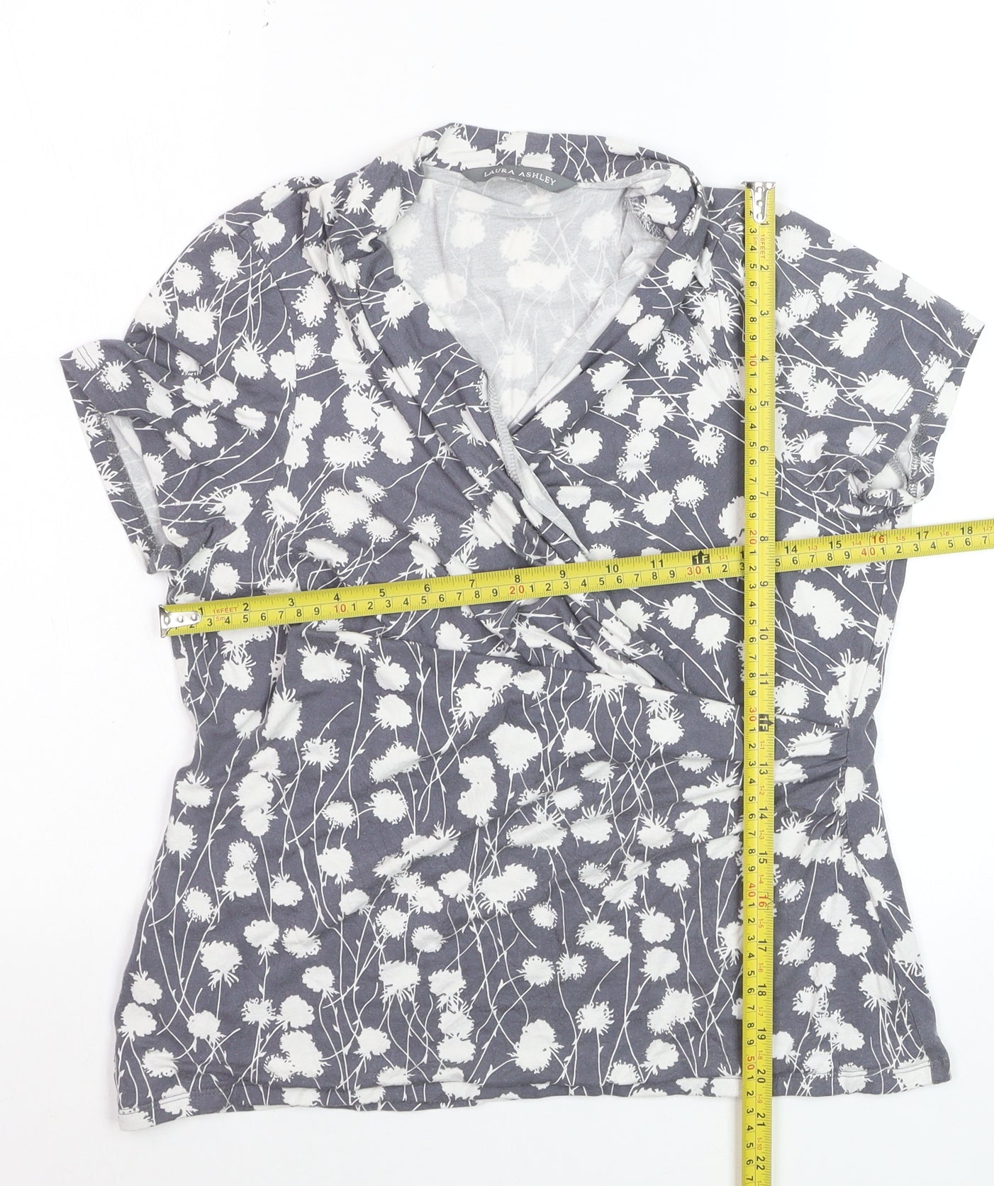 Laura Ashley Women’s Grey Floral Wrap Blouse UK 14 Short Sleeve Cotton