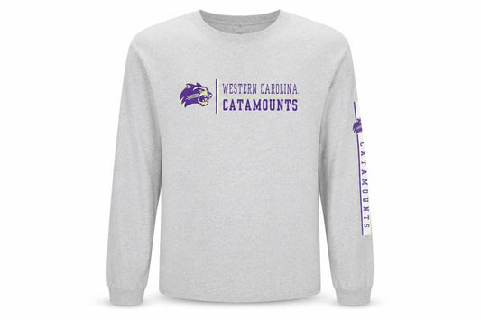 Front view of NCAA Men’s Grey Long Sleeve Western Carolina Catamounts Shirt, size L