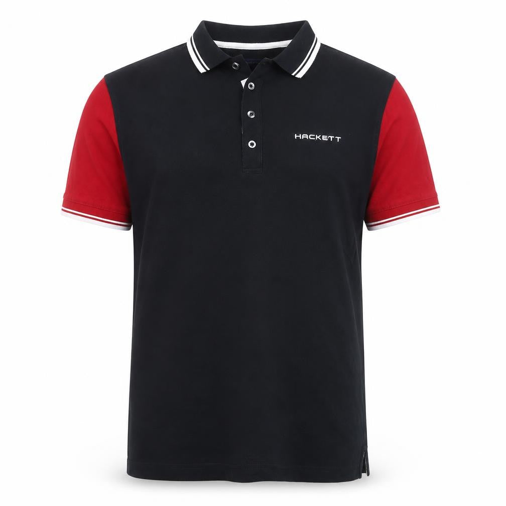 Front view of Hackett Golf Men's Navy & Red Cotton Polo Shirt, size L