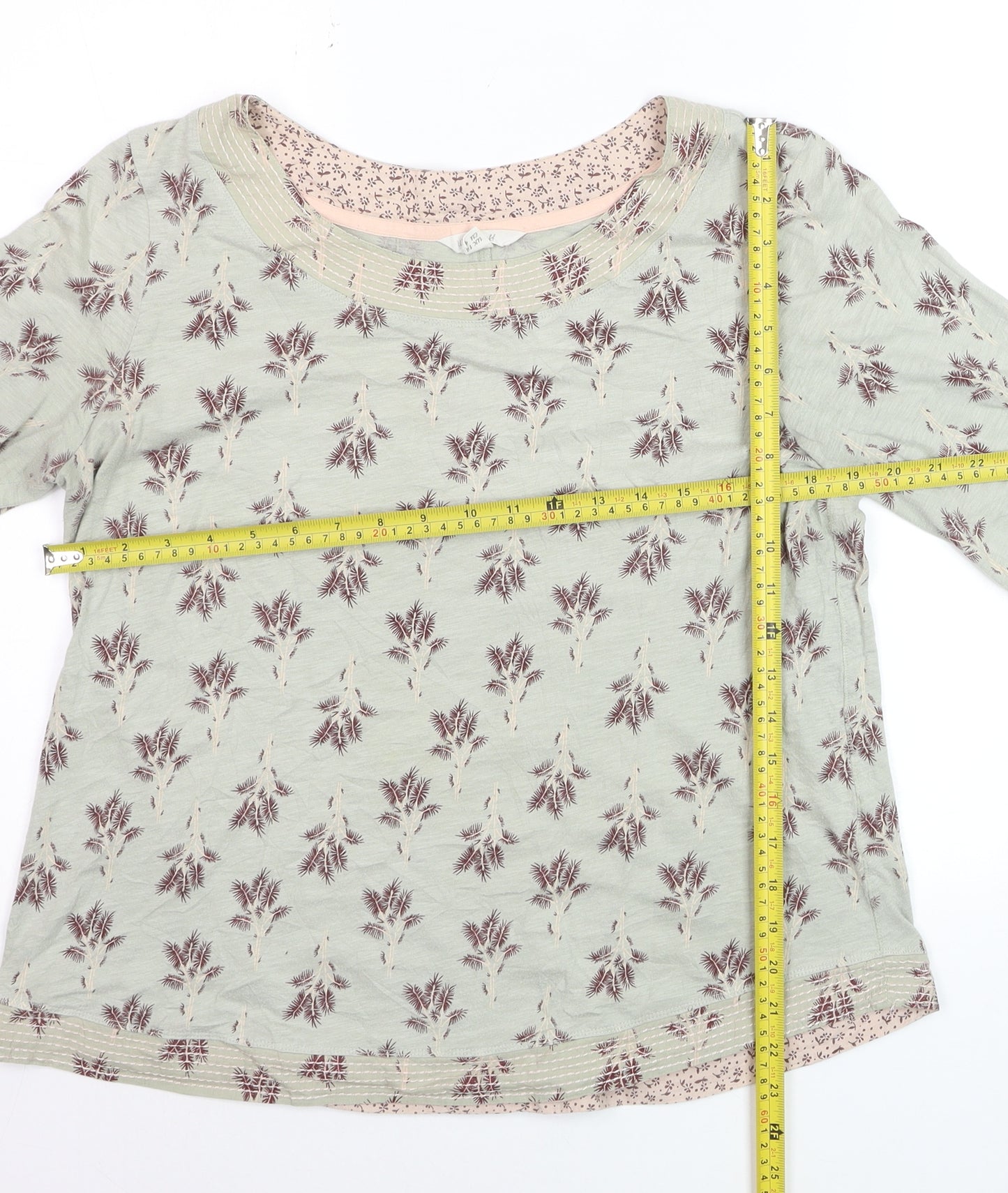 White Stuff Womens Green Floral Jersey Top UK 14 3/4 Sleeve