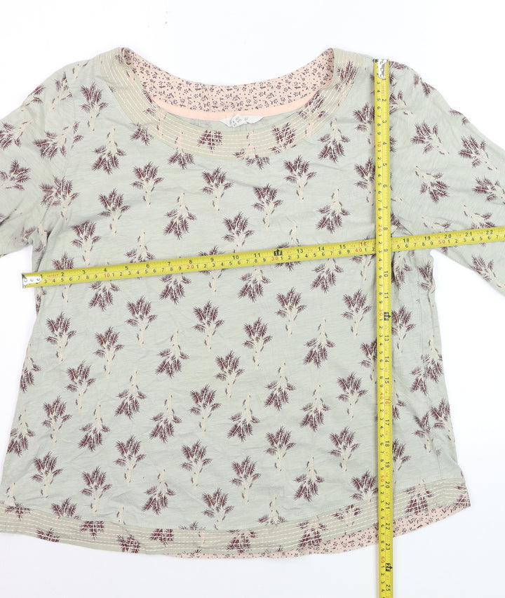 White Stuff Womens Green Floral Jersey Top UK 14 3/4 Sleeve
