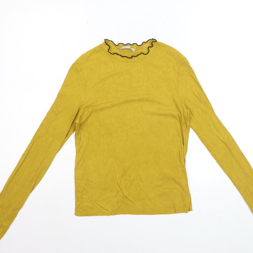 Zara Trafaluc Womens Yellow Ruffle High Neck Long Sleeve Top Size S