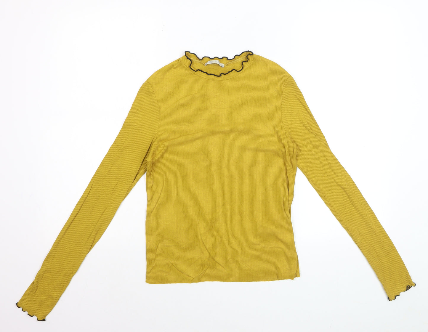 Zara Trafaluc Womens Yellow Ruffle High Neck Long Sleeve Top Size S