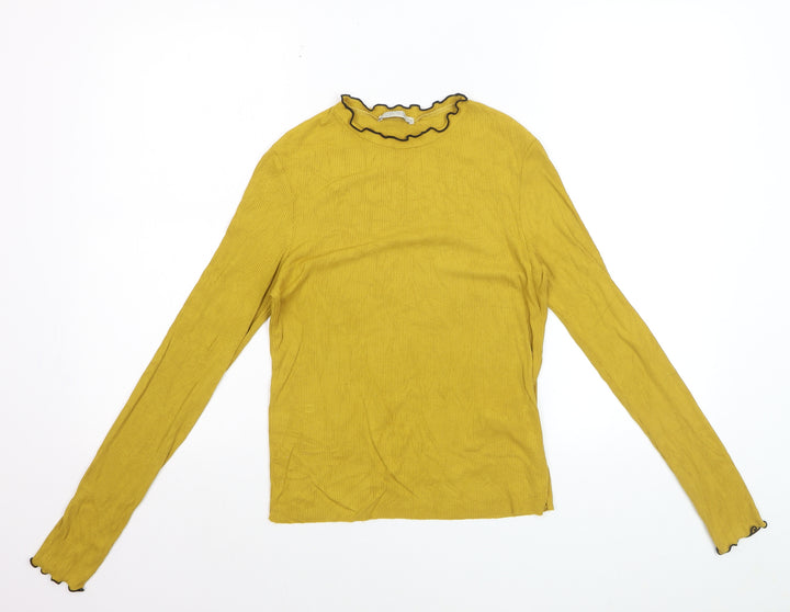 Zara Trafaluc Womens Yellow Ruffle High Neck Long Sleeve Top Size S