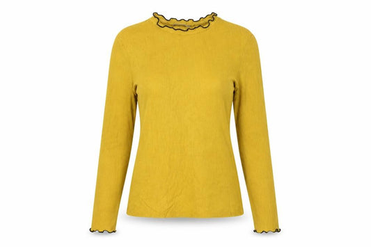 Front view of Zara Trafaluc women’s yellow ruffle high neck long sleeve top, size S
