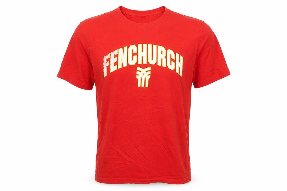 Front view of Fenchurch Men's Red Cotton Graphic Logo T-Shirt, size L