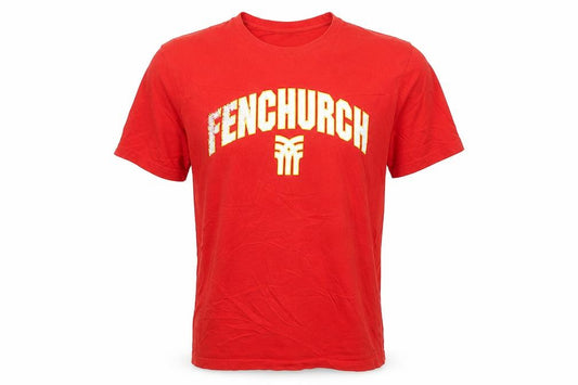 Front view of Fenchurch Men's Red Cotton Graphic Logo T-Shirt, size L