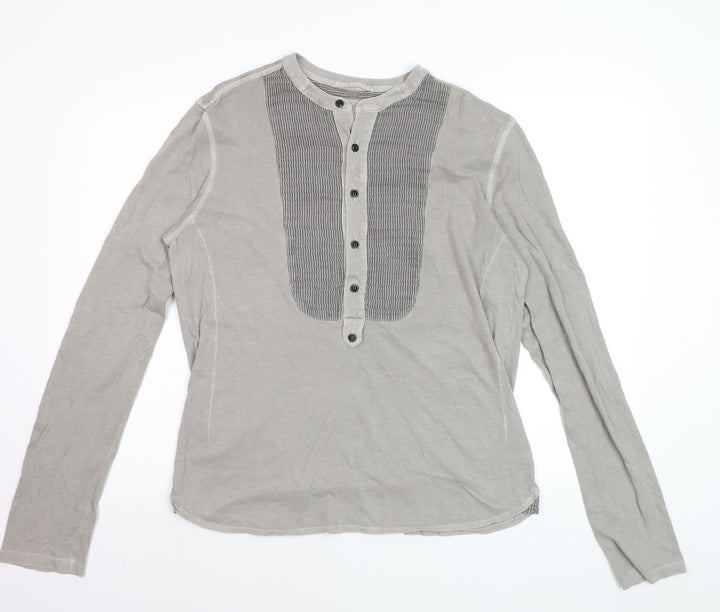 AllSaints Men’s Grey Cotton Henley Shirt M Long Sleeve Casual
