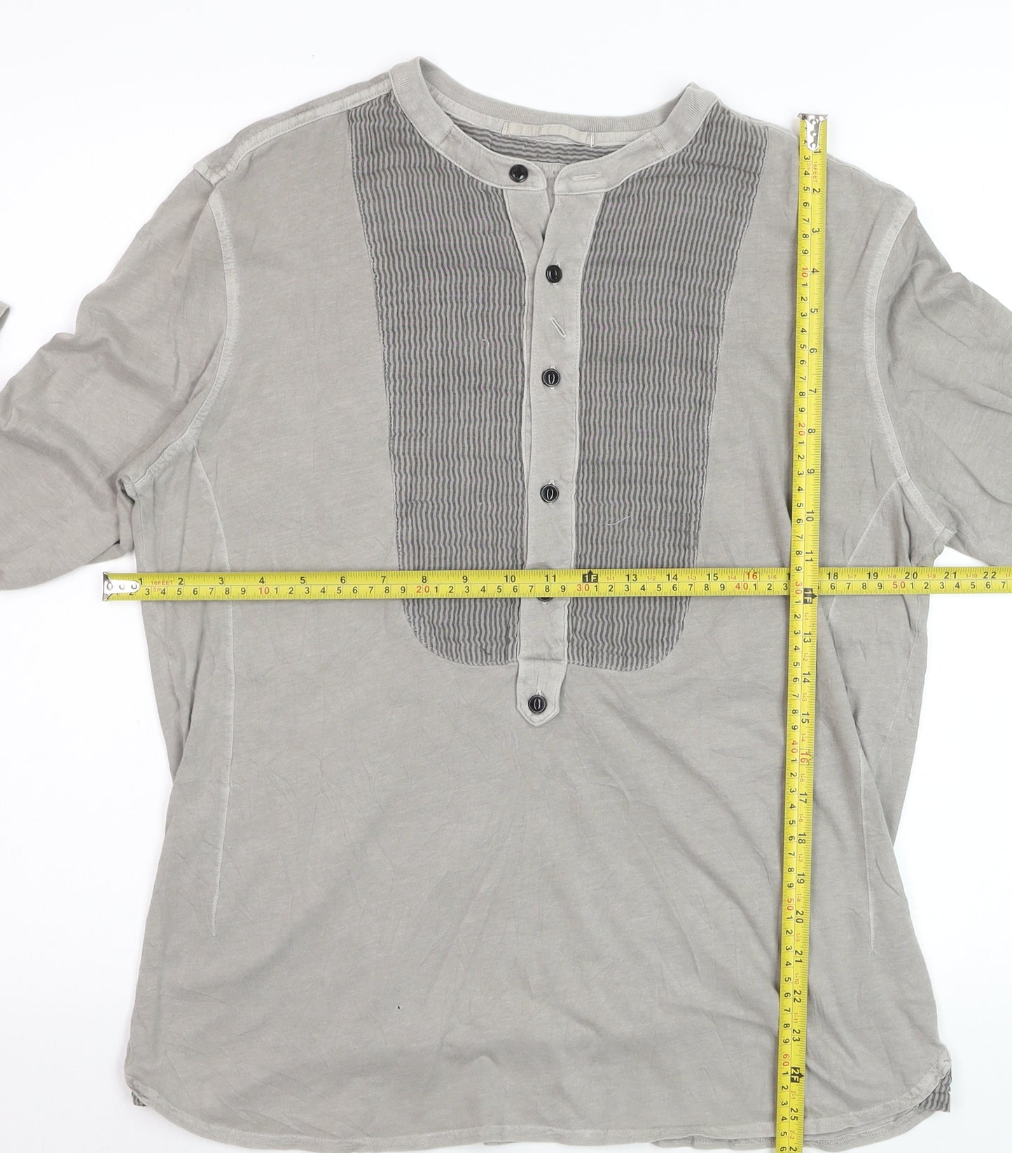 AllSaints Men’s Grey Cotton Henley Shirt M Long Sleeve Casual