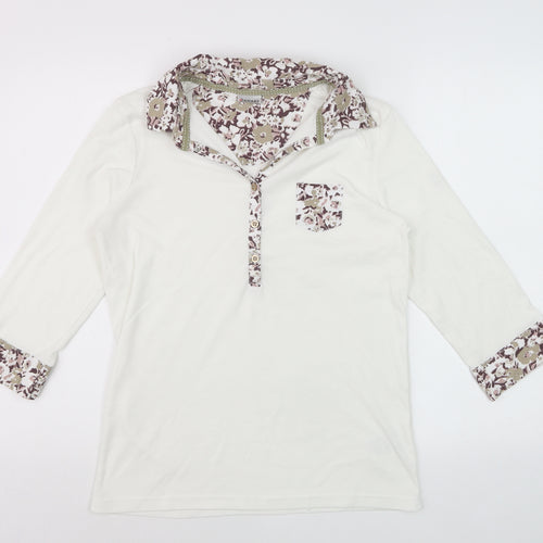 Damart Women's Ivory Floral Trim Collared 3/4 Sleeve Polo Top Size 14