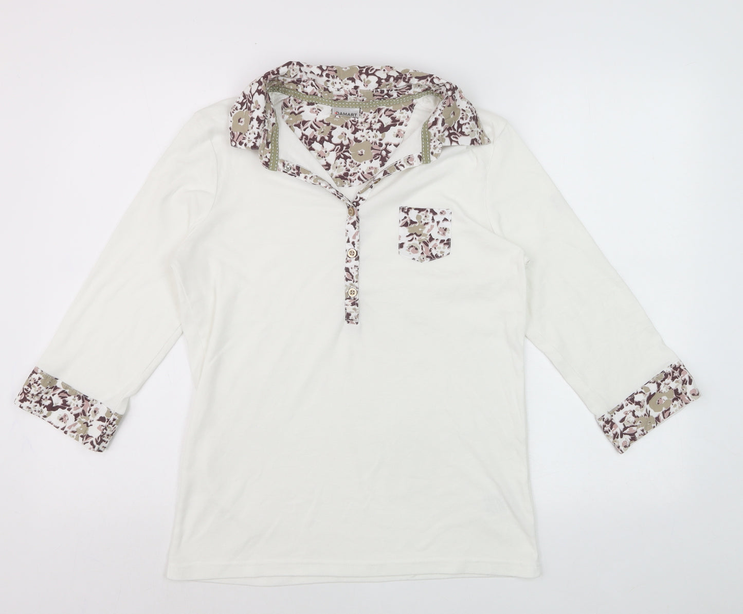 Damart Women's Ivory Floral Trim Collared 3/4 Sleeve Polo Top Size 14
