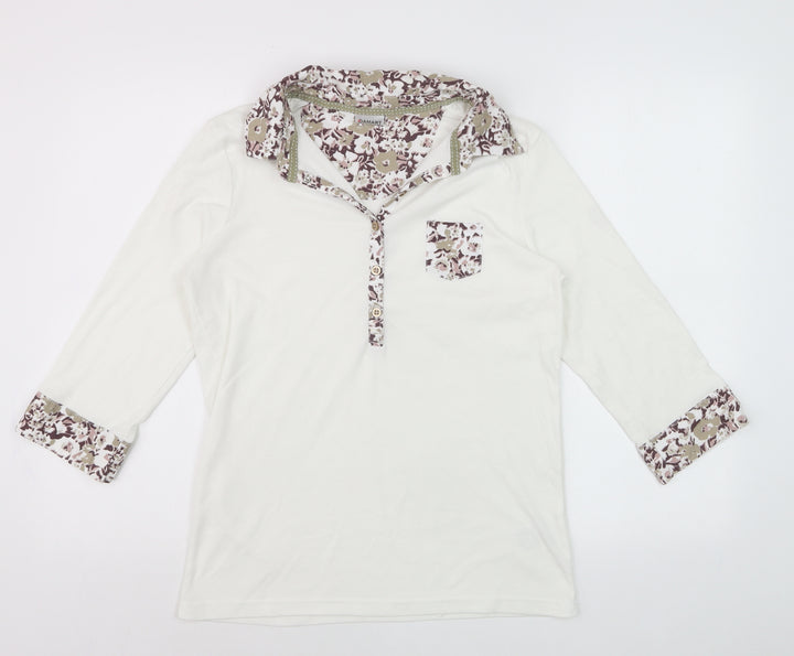 Damart Women's Ivory Floral Trim Collared 3/4 Sleeve Polo Top Size 14