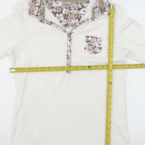 Damart Women's Ivory Floral Trim Collared 3/4 Sleeve Polo Top Size 14