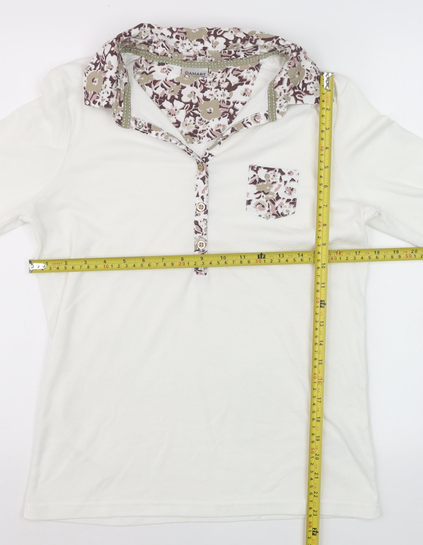 Damart Women's Ivory Floral Trim Collared 3/4 Sleeve Polo Top Size 14