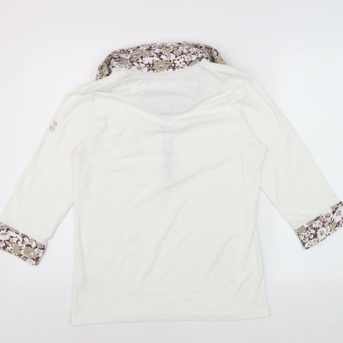 Damart Women's Ivory Floral Trim Collared 3/4 Sleeve Polo Top Size 14
