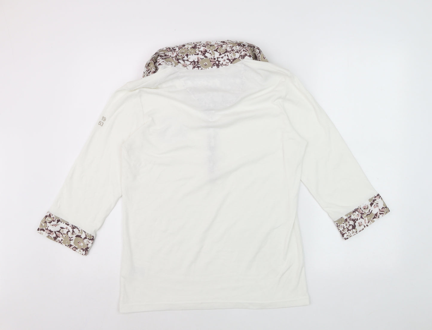 Damart Women's Ivory Floral Trim Collared 3/4 Sleeve Polo Top Size 14