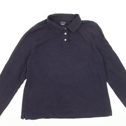 Lands' End Men Navy Long Sleeve 100% Cotton Polo Shirt XL Classic Fit
