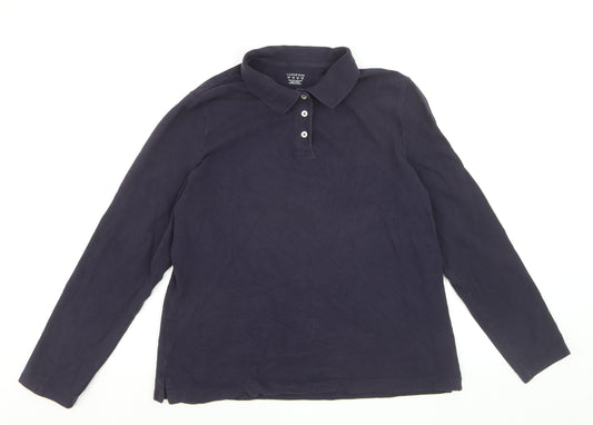 Lands' End Men Navy Long Sleeve 100% Cotton Polo Shirt XL Classic Fit