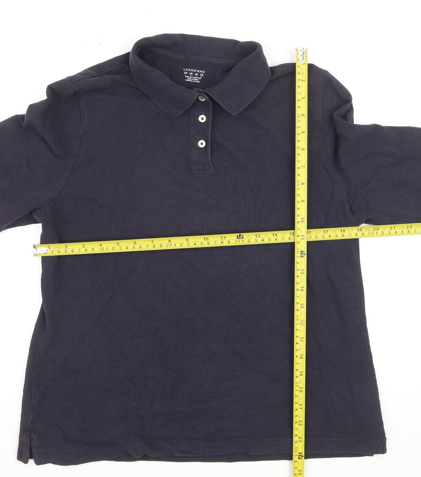 Lands' End Men Navy Long Sleeve 100% Cotton Polo Shirt XL Classic Fit