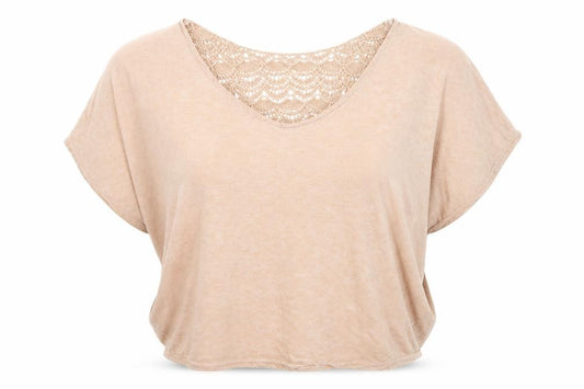 Front view of Miss Selfridge Women's Beige Crochet Cropped Blouse, size 14