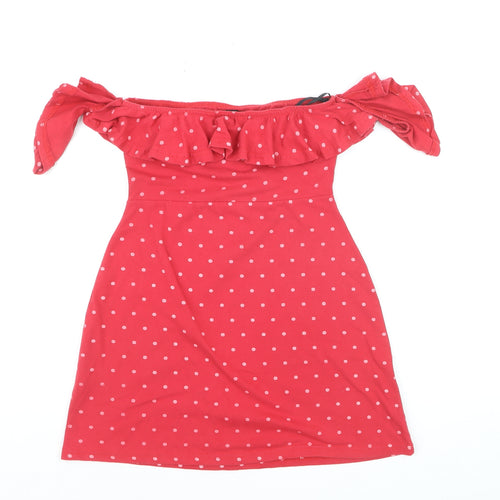 Missguided Women's Red Polka Dot Off Shoulder Ruffle Tunic Top Size 8