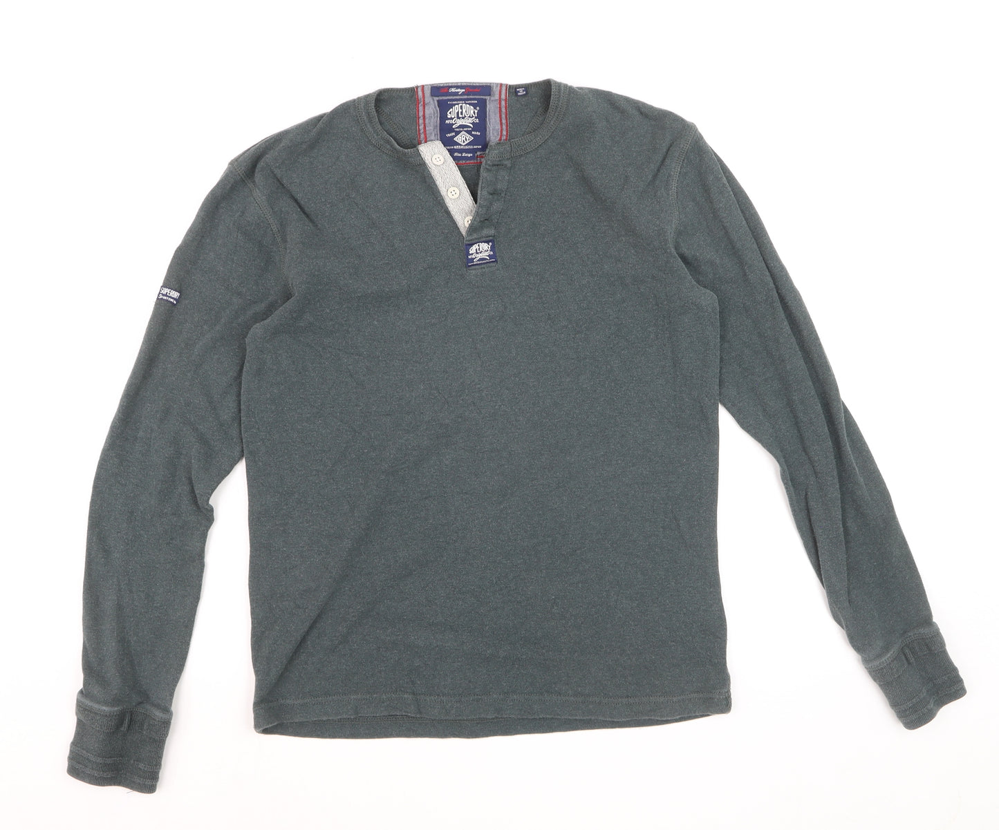 Superdry Men’s Green Long Sleeve Henley Top Size L Cotton Casual
