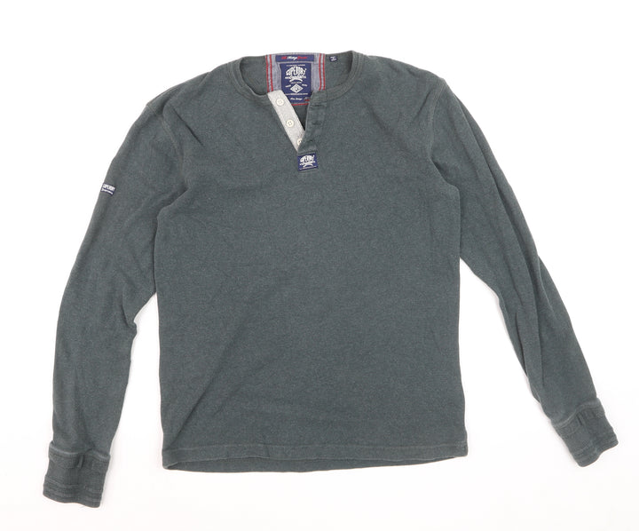 Superdry Men’s Green Long Sleeve Henley Top Size L Cotton Casual