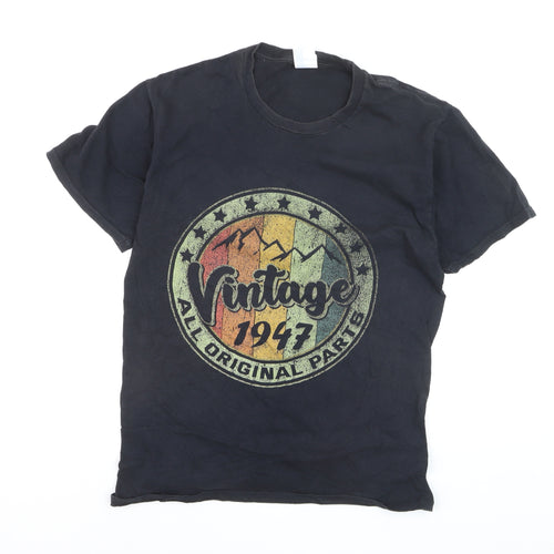 Port & Company Men's Black Vintage 1947 Graphic Cotton T-Shirt M