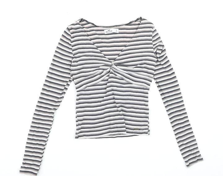 Hollister Women's Multicoloured Striped Cropped V-Neck Long Sleeve Top - Size S