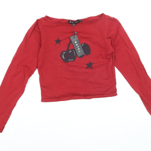 Motel Women's Red Cropped Long Sleeve Cherry T-Shirt Size M