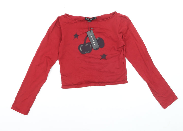 Motel Women's Red Cropped Long Sleeve Cherry T-Shirt Size M