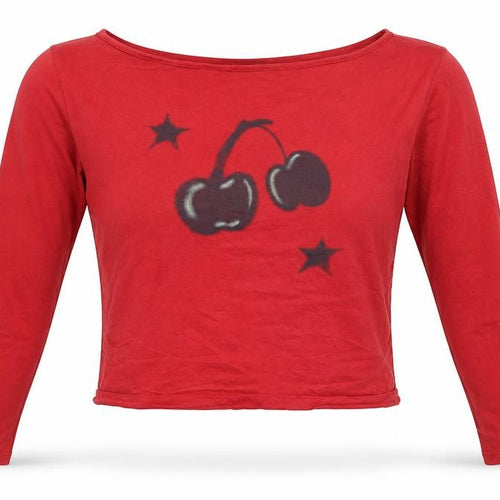 Motel Women's Red Cropped Long Sleeve Cherry T-Shirt Size M