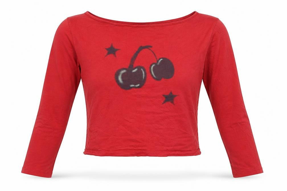 Motel Women's Red Cropped Long Sleeve Cherry T-Shirt Size M
