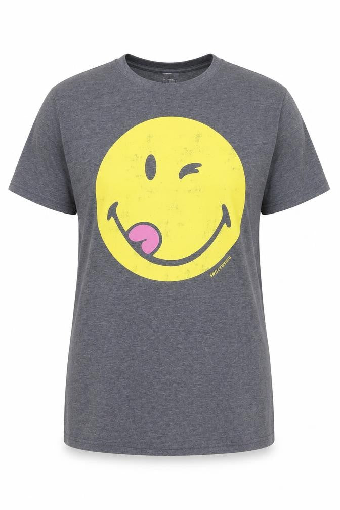 Front view of Smiley World Women's Grey L Basic Funny Graphic T-Shirt
