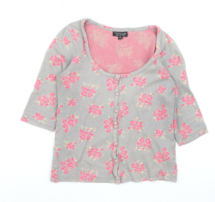 Topshop Women's Grey Floral Button-Up Crop Top Size 10