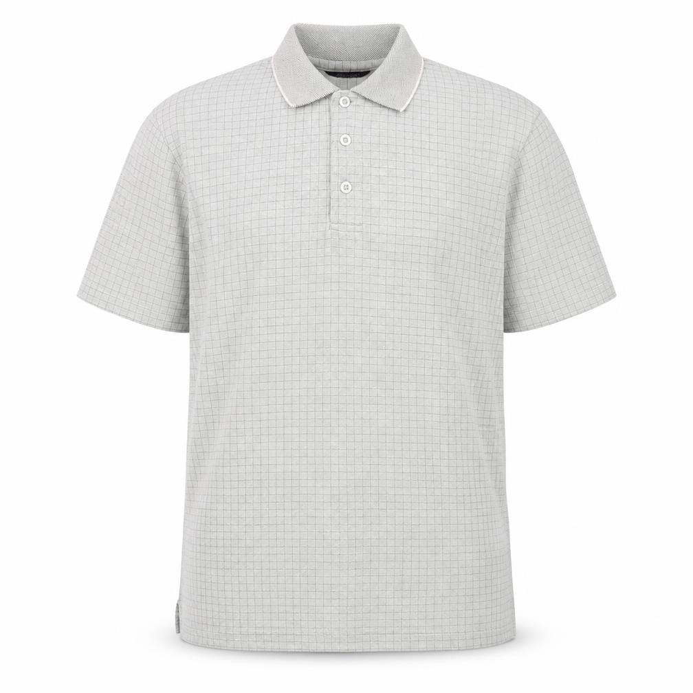 Front view of John Curtis Men’s Grey Check Polo Shirt, size M, Classic Fit