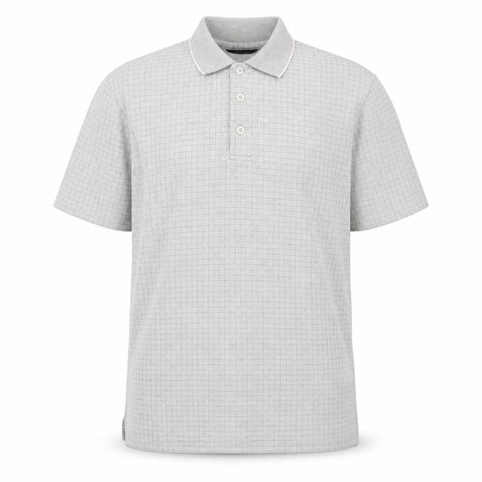 Front view of John Curtis Men’s Grey Check Polo Shirt, size M, Classic Fit