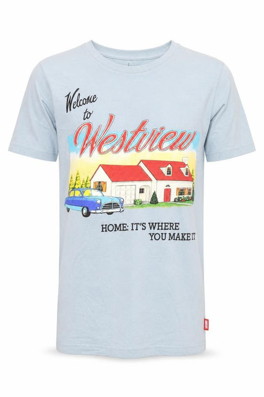 Front view of Disney Marvel Westview Blue Men's T-Shirt, size XS, Cotton Graphic
