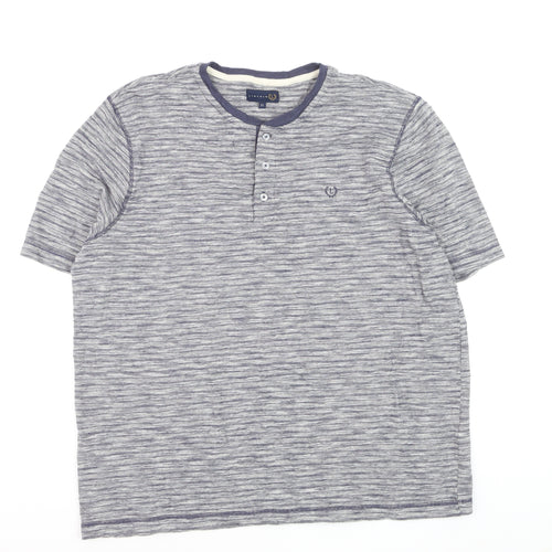Lincoln Mens Blue Striped Henley Short Sleeve Cotton Shirt XL