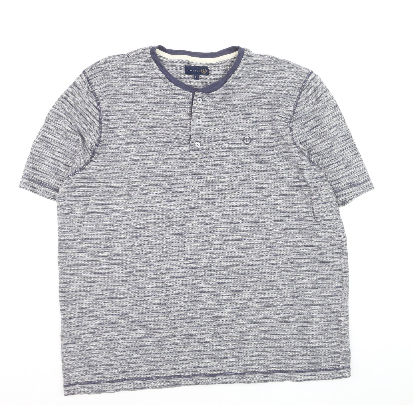 Lincoln Mens Blue Striped Henley Short Sleeve Cotton Shirt XL
